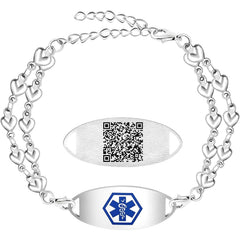 Double Layer Heart Link Medical Alert Bracelet, Stainless Steel with Dynamic QR Code – No Pre-Order Info Needed, Dual Lobster Clasps, Interchangeable ID Tag, Fashion Emergency Health Bracelet