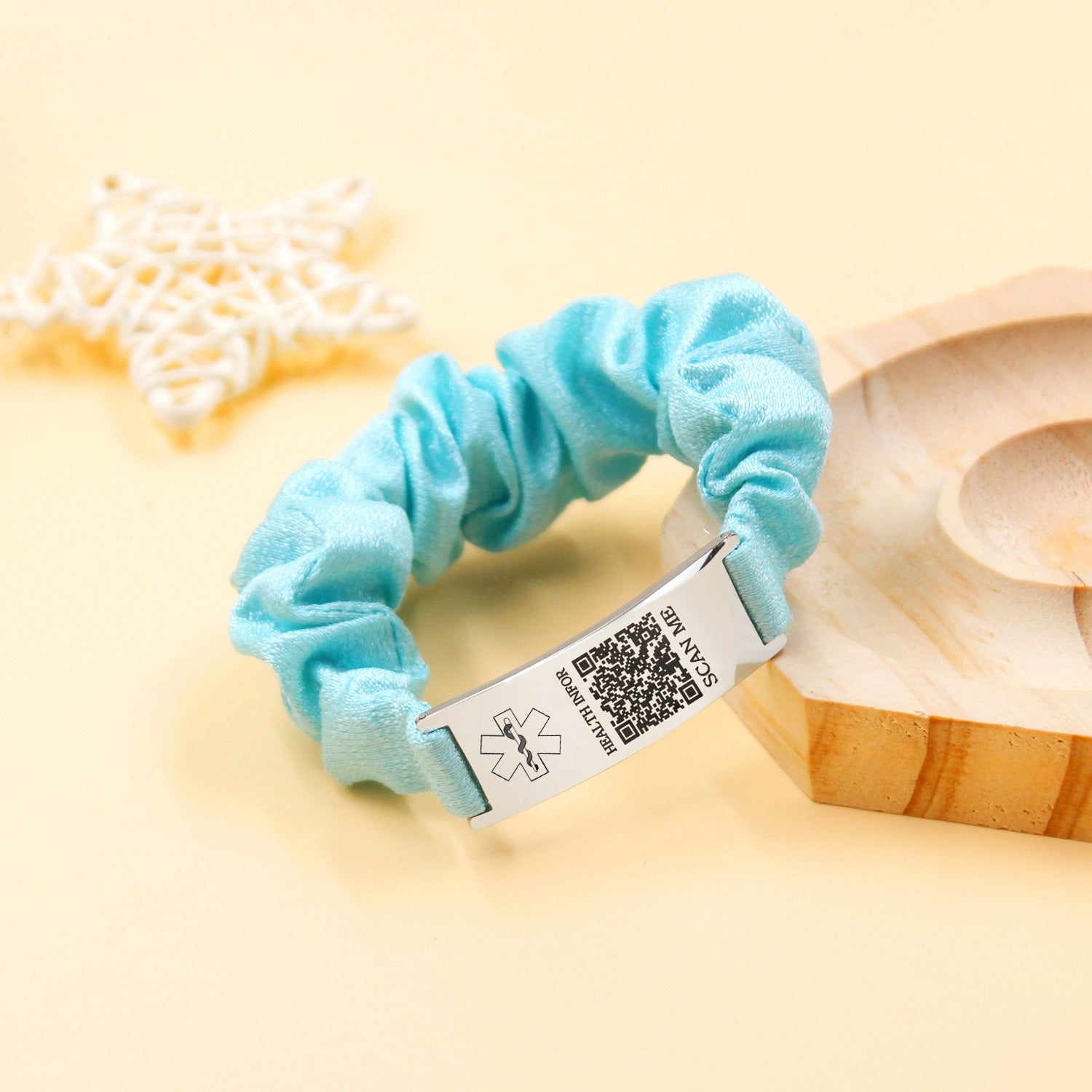Dynamic QR Code Medical Alert Scrunchie Bracelet for Women, Editable Fabric Medical ID Wristband, Scan to Update Emergency & Health Information Without Login, Elastic Hair Tie Style, Blue
