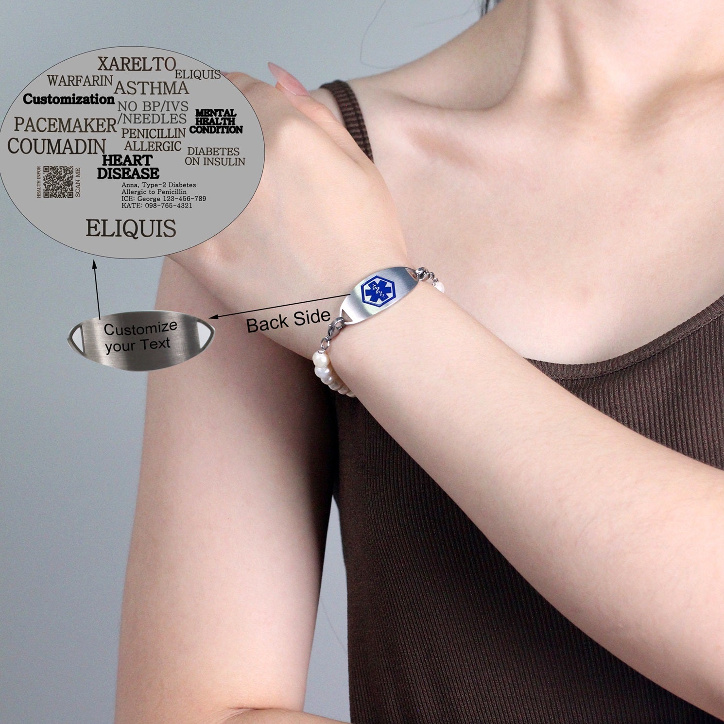 White Freshwater Pearl Double Layer QR Code Medical Alert Bracelet – Blue Medical ID Bracelet with Interchangeable Plate, Dual Lobster Clasp, Editable Dynamic QR Emergency Jewelry for Women YA6293