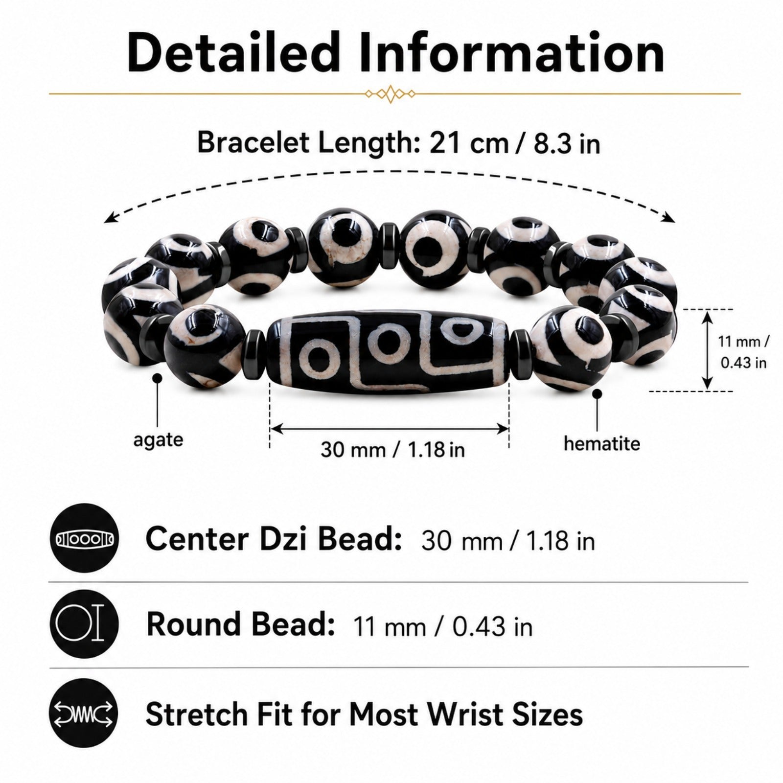 Dzi Bead Tibetan Bracelet for Men Women | Nine Eye Dzi Agate Beaded Bracelet with Hematite Spacers | Feng Shui Buddhist Meditation Amulet Adjustable Style Jewelry Brown Green Black YA5102