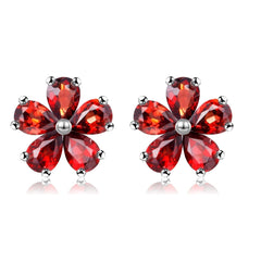 Uloveido 925 Sterling Silver Natural Garnet 2CT Red Stone Flower Stud Earrings for Girls Sensitive Ears CR003