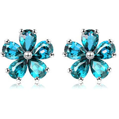 Uloveido Women 925 Sterling Silver Earrings with Blue Stones, Blue Topaz Flower Studs Earrings for Girls Birthday Gift with Velvet Box CR003 (Blue)