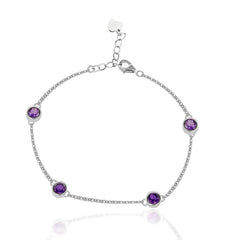 Uloveido Purple Crystal 4 Round Amethyst Stones Bangle Bracelet Sterling Silver for Girlfriend Women with Metal Chain FB045