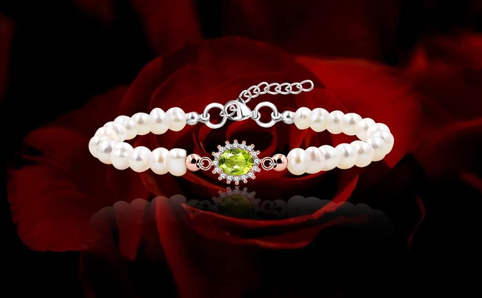 Uloveido Natural Freshwater Pearl Beaded Bracelet Center Setting with Green Peridot Birthstone - Precious Gemstone Bracelets for Women