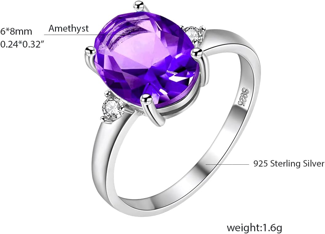 Uloveido Resizable 925 Sterling Silver Amethyst Gemstone Ring for Women, Purple Crystal Jewelry FJ106