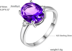 Uloveido Resizable 925 Sterling Silver Amethyst Gemstone Ring for Women, Purple Crystal Jewelry FJ106