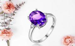 Uloveido Resizable 925 Sterling Silver Amethyst Gemstone Ring for Women, Purple Crystal Jewelry FJ106