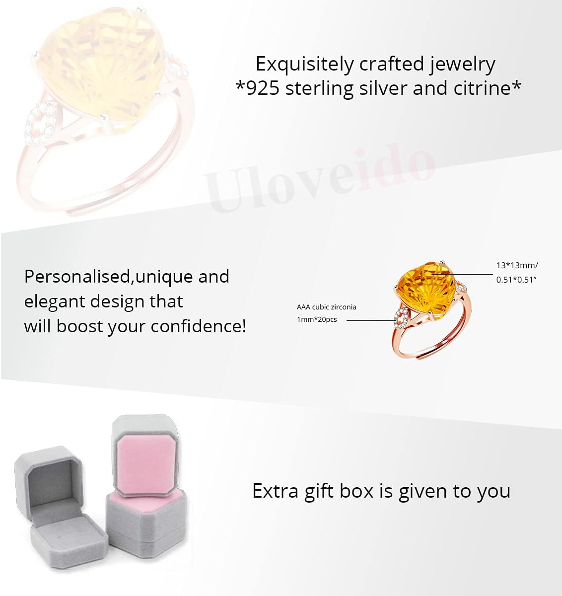 925 Sterling Silver Citrine Ring for Women Girls Real Gemstone Jewellery for Anniversary Mothers Day Birthday Gift with Box Package FM3024