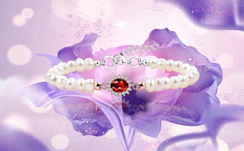 Uloveido Natural Freshwater Pearl Beaded Bracelet Center Setting with Red Garnet Gemstone - Precious Birthstone Bracelets for Women