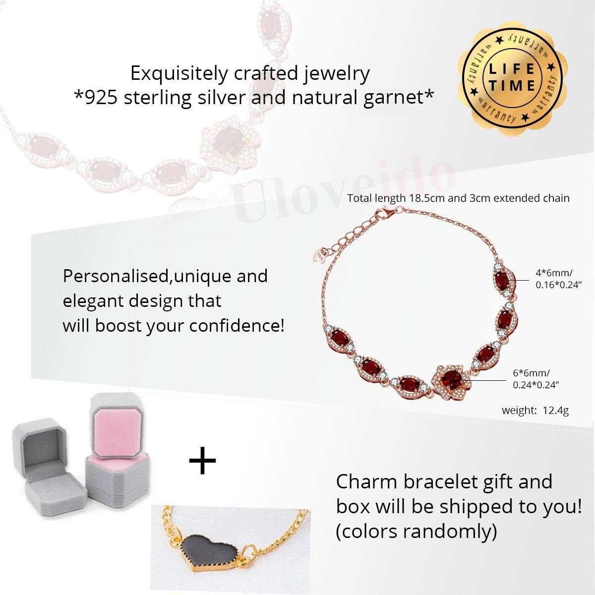 Uloveido Dainty 7 Stone Natural Red Garnet Bracelet Flower Design Rose Gold Plated 925 Sterling Silver Chain Bracelet January Birthstone Bracelet Gifts Idea for Women Girlfriend Mom FB063