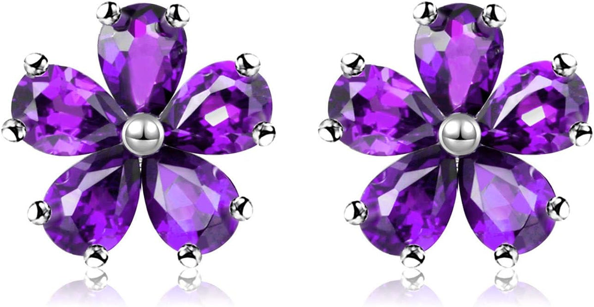 Uloveido Purple Amethyst Flower Studs Earrings for Women,925 Sterling Silver Purple Crystal Earrings Studs for Girls February Birthstone Gift CR003 (Purple)