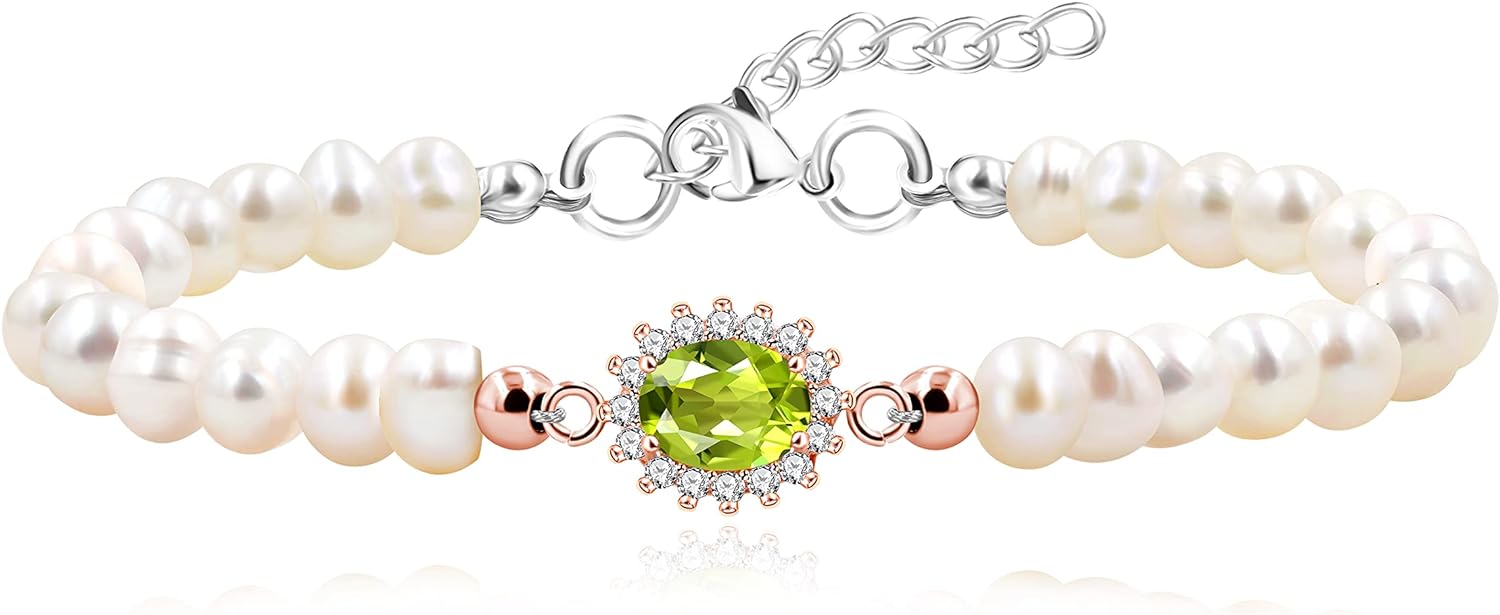 Uloveido Natural Freshwater Pearl Beaded Bracelet Center Setting with Green Peridot Birthstone - Precious Gemstone Bracelets for Women