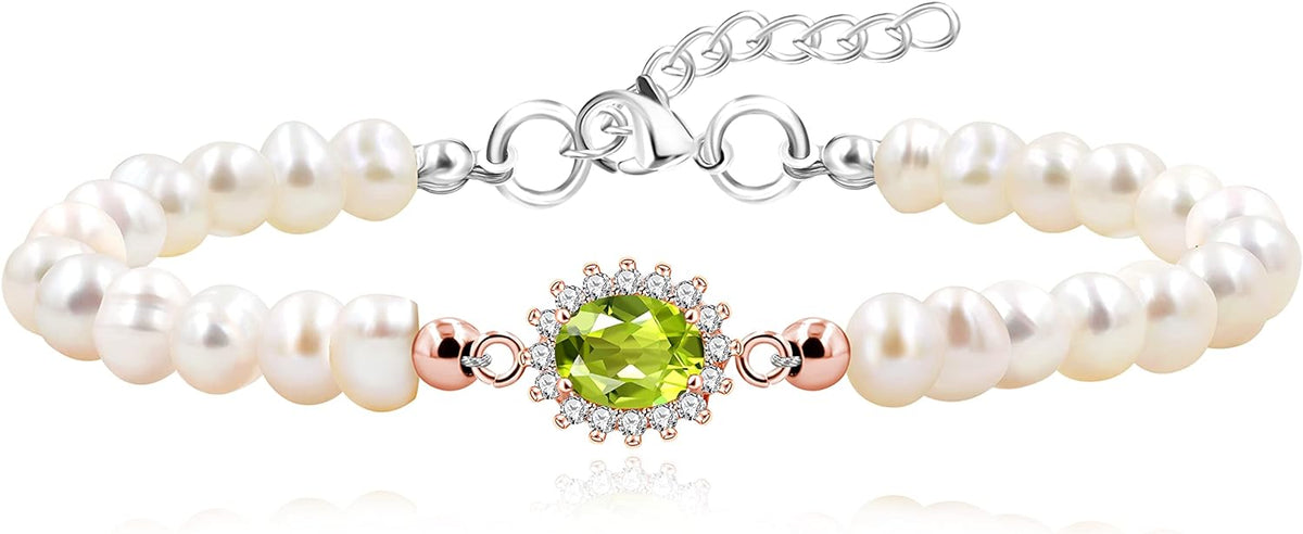 Uloveido Natural Freshwater Pearl Beaded Bracelet Center Setting with Green Peridot Birthstone - Precious Gemstone Bracelets for Women