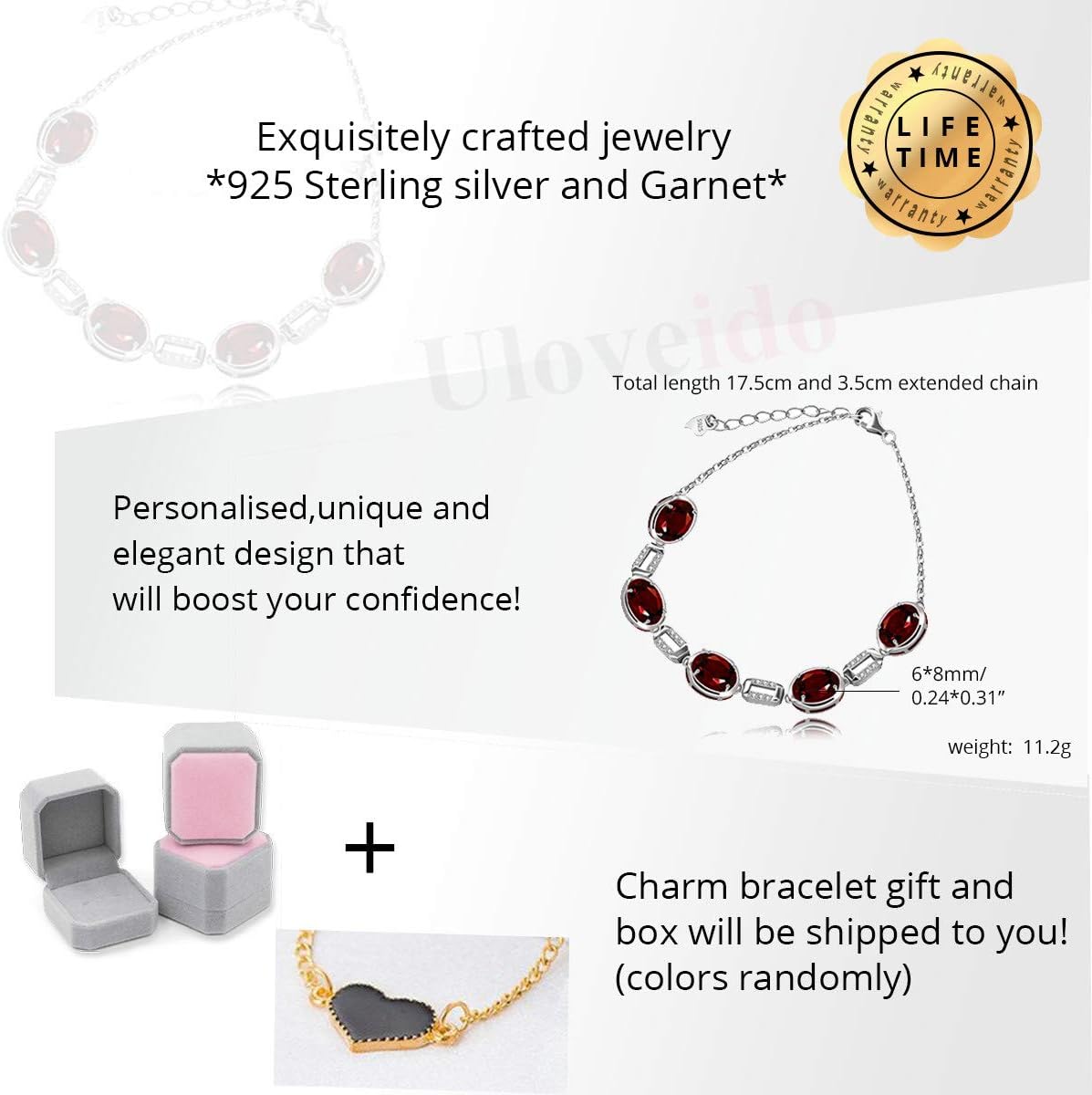 Uloveido 925 Sterling Silver Garnet Amethyst Bracelet for Girls Rose Gold Plated Red Purple Gemstone Bracelet for Women Mom Anniversary Birthday Gift