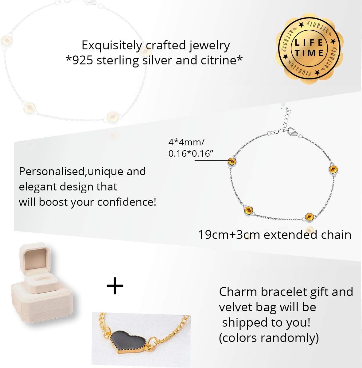 Uloveido 4mm Round Citrine 925 Sterling Silver Metal Link Chain Bracelet for Women with Yellow Crystals FB045