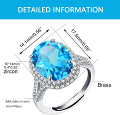 Uloveido Brass Based Platinum Plated Adjustable Big Oval Cubic Zirconia Ring, Solitaire Split Shank Rings Wedding Engagement Jewelry