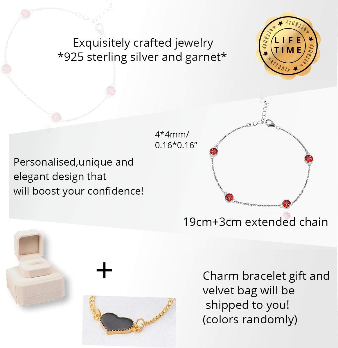 Uloveido Sterling Silver Chain 4 Red Garnet Stones Good Luck Bracelet for Girls Protection FB045