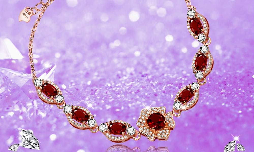 Uloveido Dainty 7 Stone Natural Red Garnet Bracelet Flower Design Rose Gold Plated 925 Sterling Silver Chain Bracelet January Birthstone Bracelet Gifts Idea for Women Girlfriend Mom FB063