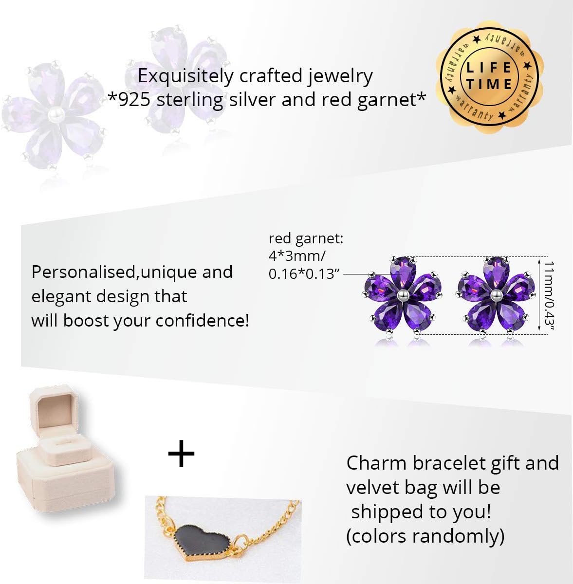 Uloveido Purple Amethyst Flower Studs Earrings for Women,925 Sterling Silver Purple Crystal Earrings Studs for Girls February Birthstone Gift CR003 (Purple)