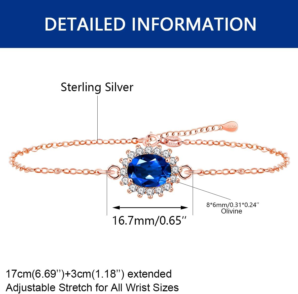 Uloveido 925 Sterling Silver Birthstone Bracelets for Women, Ocean Blue Sapphire Gemstone Dainty Charm Link Bracelet Birthday Jewelry Christmas Anniversary Gifts for Her Girls Mom Wife