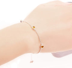 Uloveido 4mm Round Citrine 925 Sterling Silver Metal Link Chain Bracelet for Women with Yellow Crystals FB045