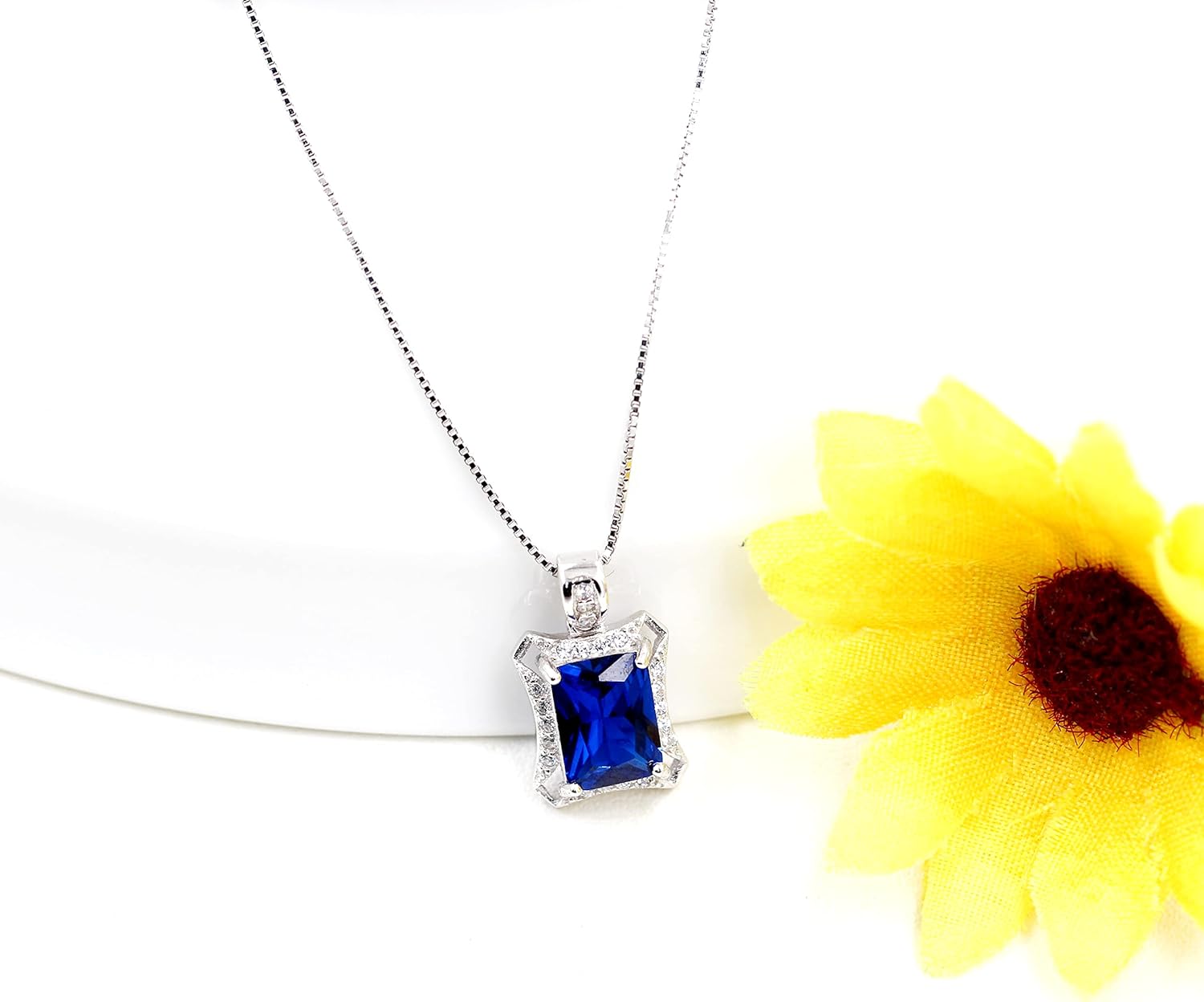 Uloveido Womens 925 Sterling Silver Blue Corundum Sapphire Pendant Birthstone Necklace White Gold Plated