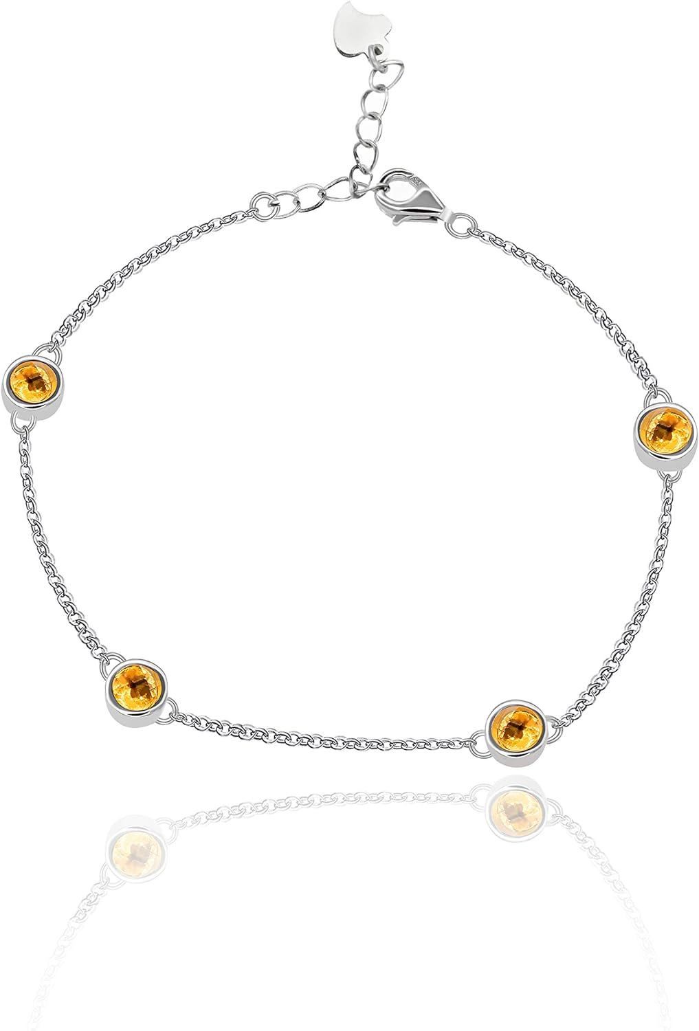 Uloveido 4mm Round Citrine 925 Sterling Silver Metal Link Chain Bracelet for Women with Yellow Crystals FB045