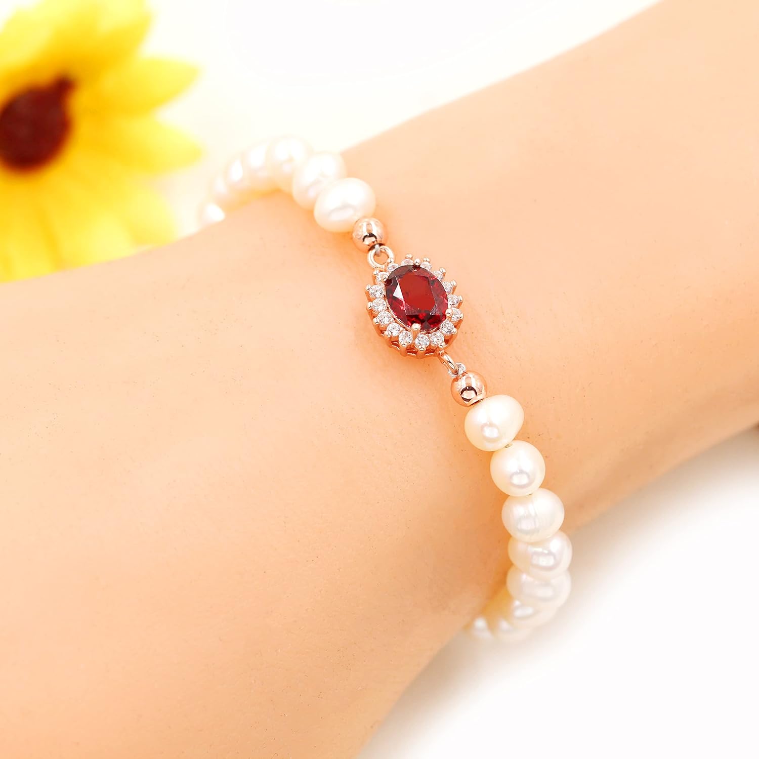 Uloveido Natural Freshwater Pearl Beaded Bracelet Center Setting with Red Garnet Gemstone - Precious Birthstone Bracelets for Women