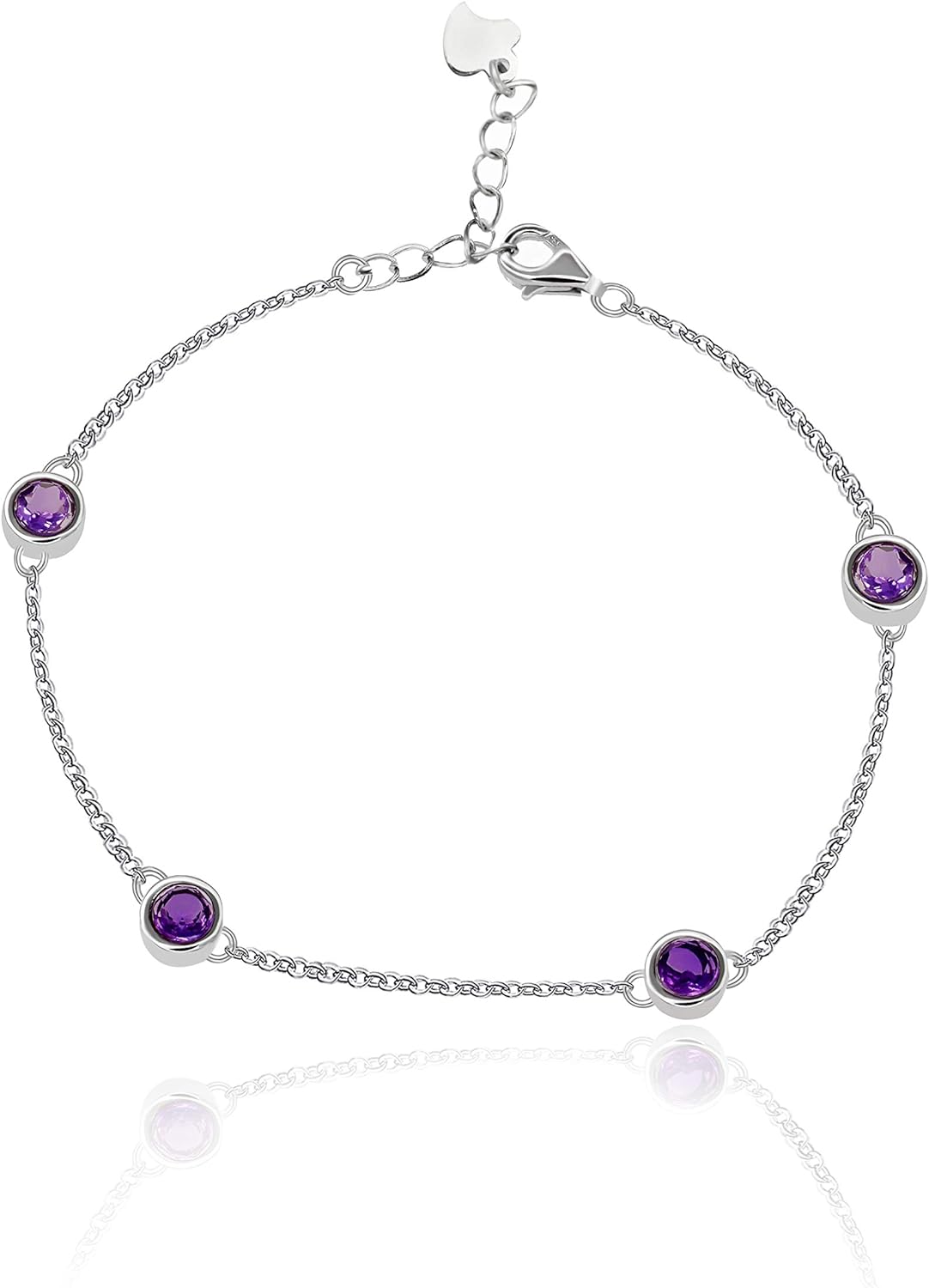 Uloveido Purple Crystal 4 Round Amethyst Stones Bangle Bracelet Sterling Silver for Girlfriend Women with Metal Chain FB045