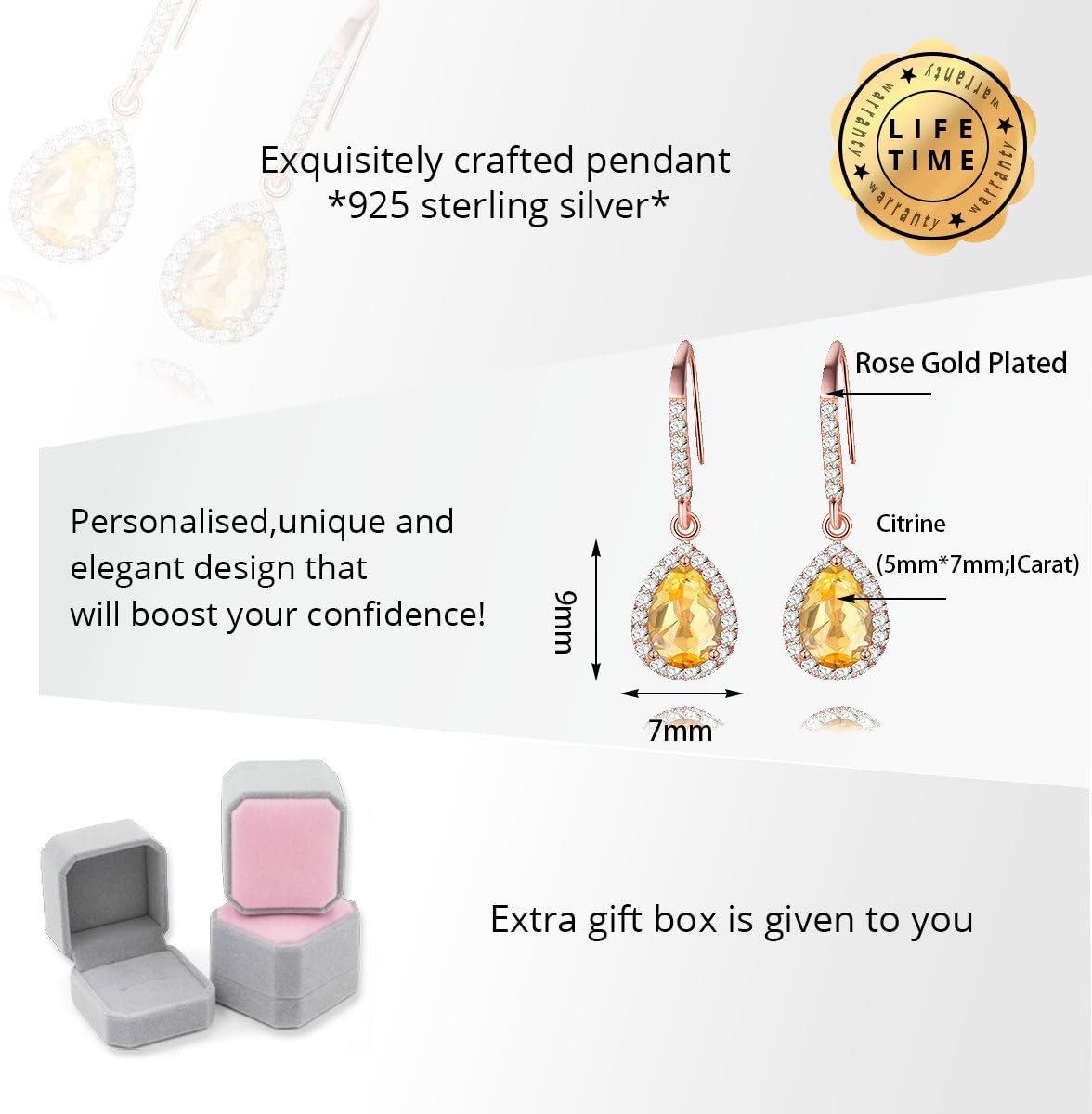 Uloveido 1.5CT Natural Authentic Teardrop Pear Cut Citrine Drop Dangle Earrings for Women, 925 Sterling Silver Rose Gold Plated Birthstone Jewellery for Girls FR001