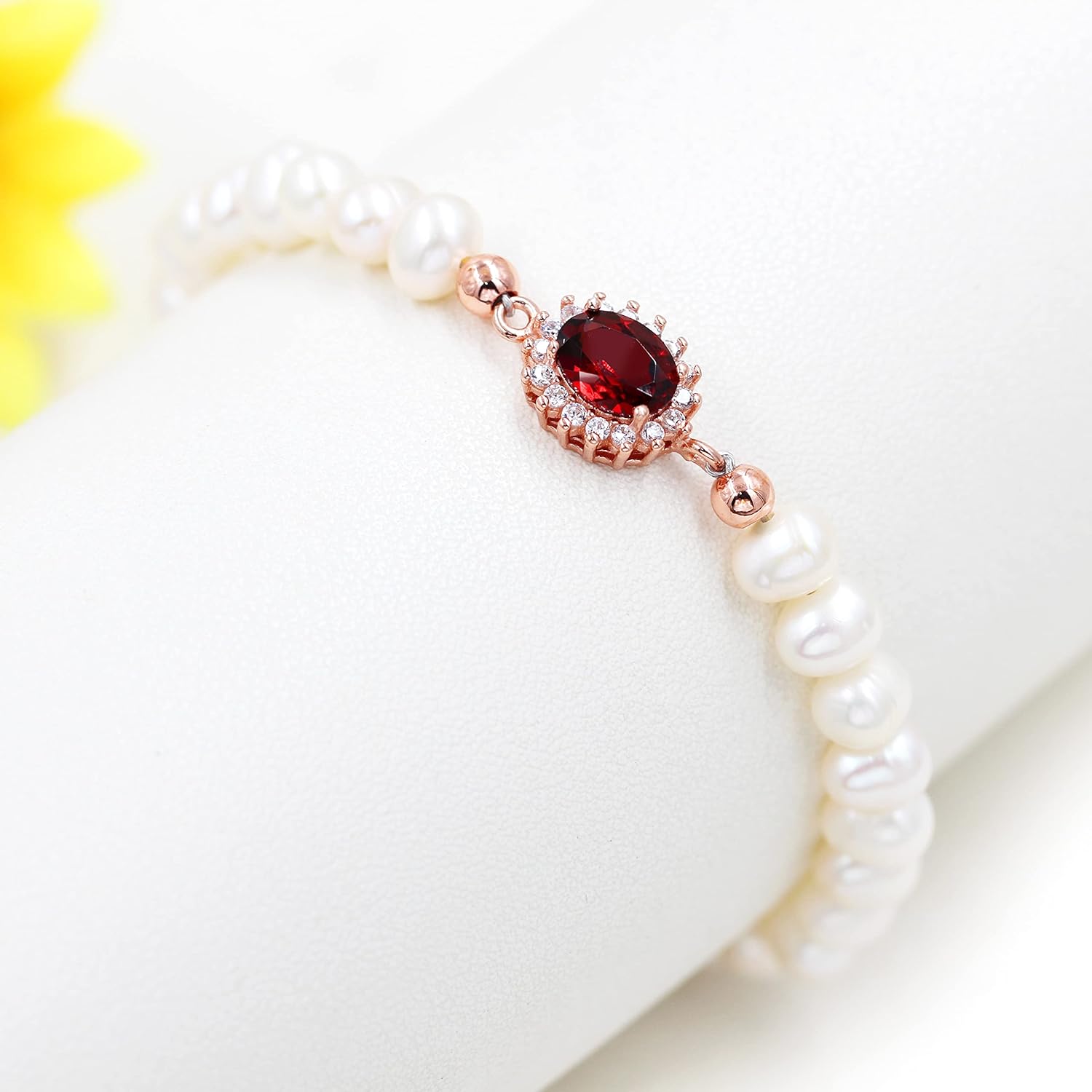 Uloveido Natural Freshwater Pearl Beaded Bracelet Center Setting with Red Garnet Gemstone - Precious Birthstone Bracelets for Women