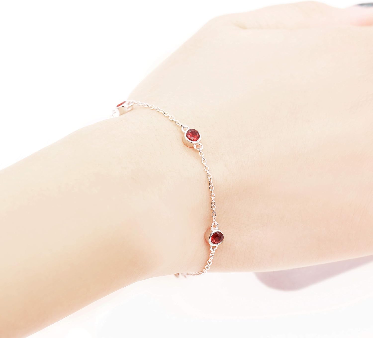 Uloveido Sterling Silver Chain 4 Red Garnet Stones Good Luck Bracelet for Girls Protection FB045