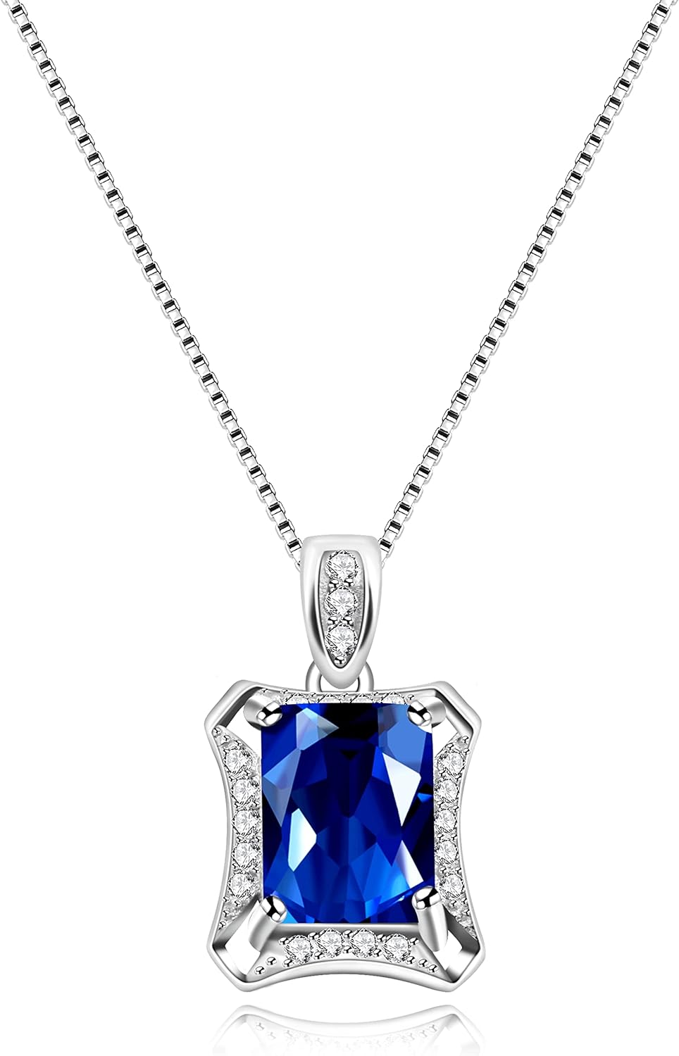 Uloveido Womens 925 Sterling Silver Blue Corundum Sapphire Pendant Birthstone Necklace White Gold Plated