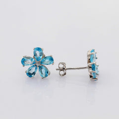 Uloveido Women 925 Sterling Silver Earrings with Blue Stones, Blue Topaz Flower Studs Earrings for Girls Birthday Gift with Velvet Box CR003 (Blue)