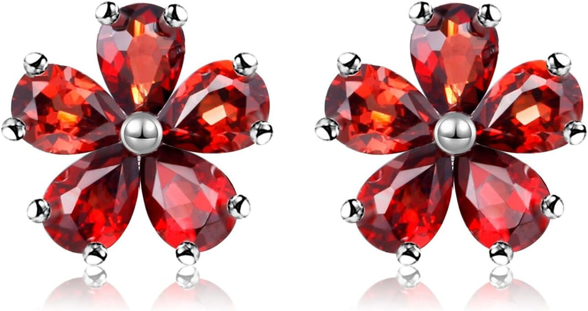 Uloveido 925 Sterling Silver Natural Garnet 2CT Red Stone Flower Stud Earrings for Girls Sensitive Ears CR003