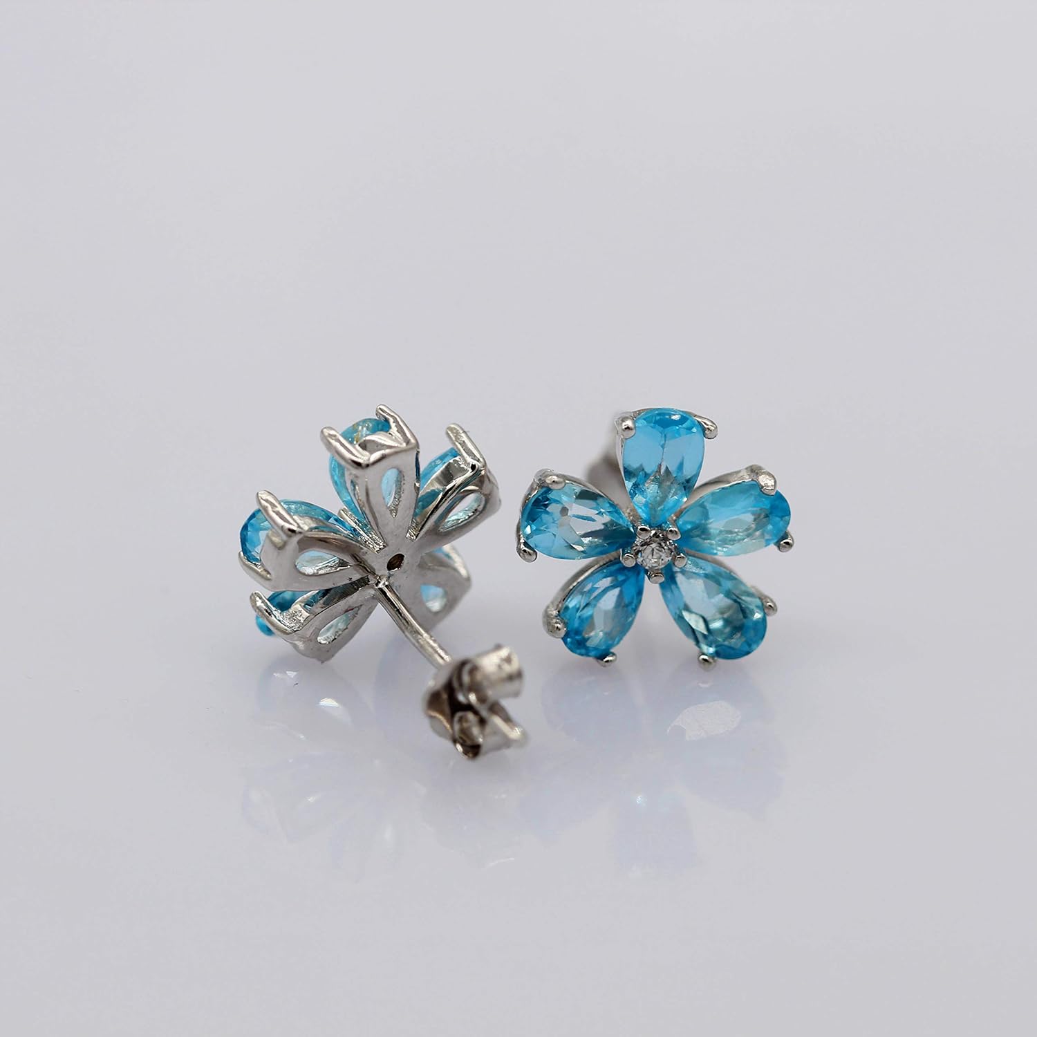 Uloveido Women 925 Sterling Silver Earrings with Blue Stones, Blue Topaz Flower Studs Earrings for Girls Birthday Gift with Velvet Box CR003 (Blue)