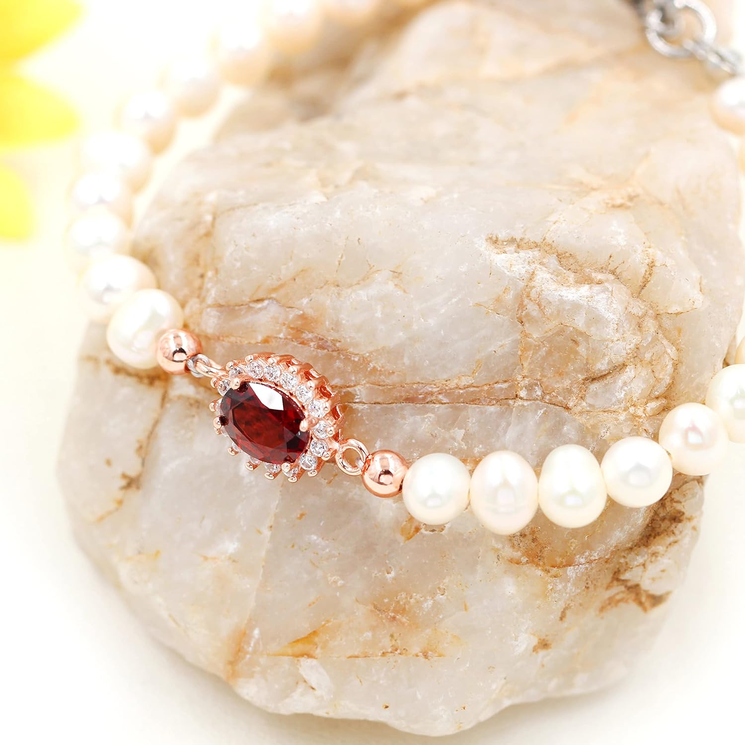 Uloveido Natural Freshwater Pearl Beaded Bracelet Center Setting with Red Garnet Gemstone - Precious Birthstone Bracelets for Women