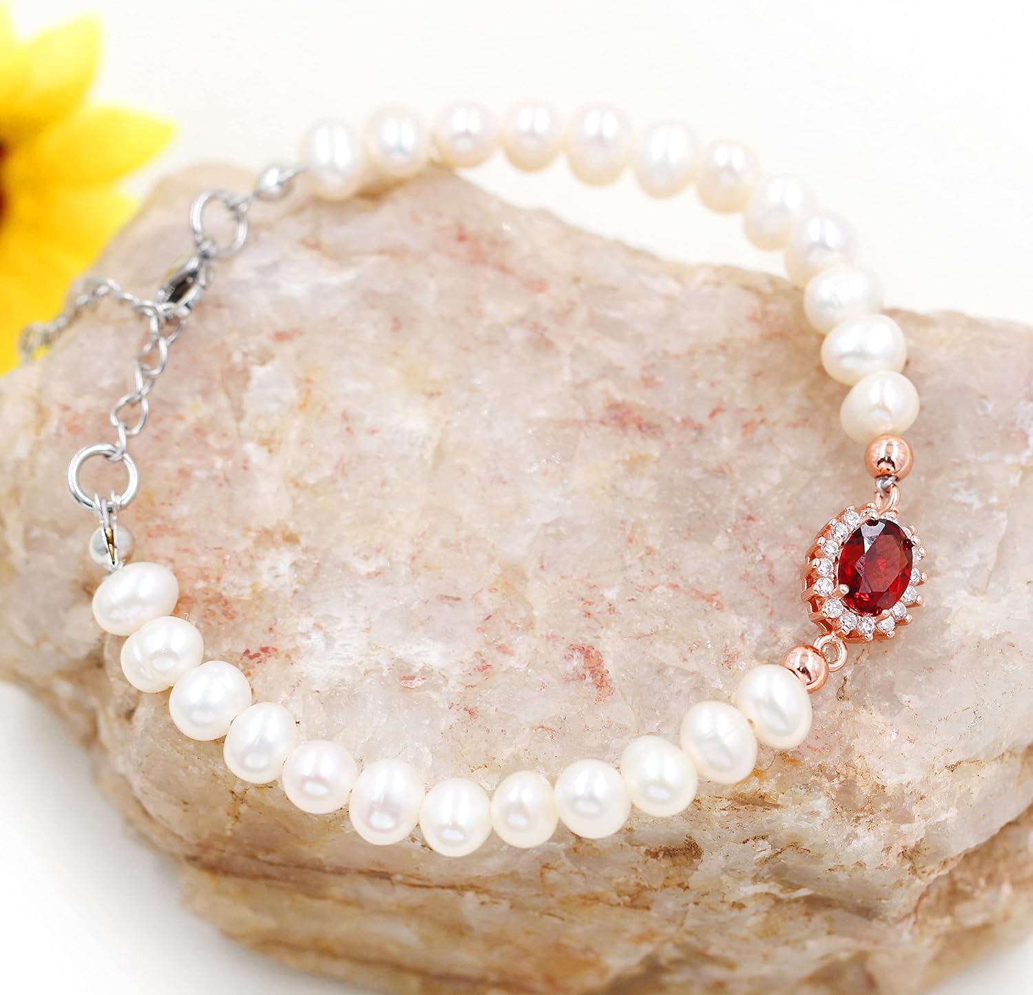 Uloveido Natural Freshwater Pearl Beaded Bracelet Center Setting with Red Garnet Gemstone - Precious Birthstone Bracelets for Women