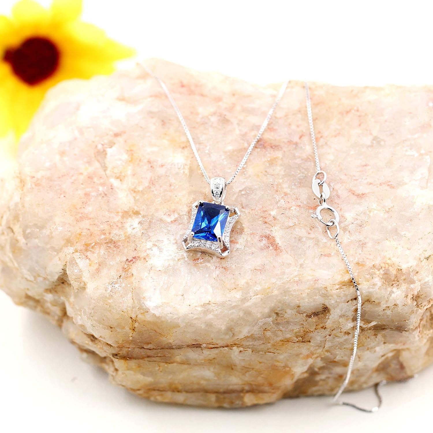 Uloveido Womens 925 Sterling Silver Blue Corundum Sapphire Pendant Birthstone Necklace White Gold Plated