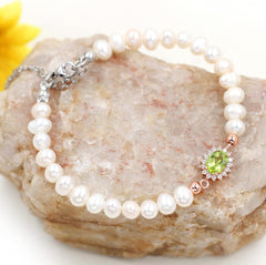 Uloveido Natural Freshwater Pearl Beaded Bracelet Center Setting with Green Peridot Birthstone - Precious Gemstone Bracelets for Women