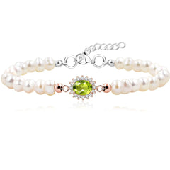 Uloveido Natural Freshwater Pearl Beaded Bracelet Center Setting with Green Peridot Birthstone - Precious Gemstone Bracelets for Women