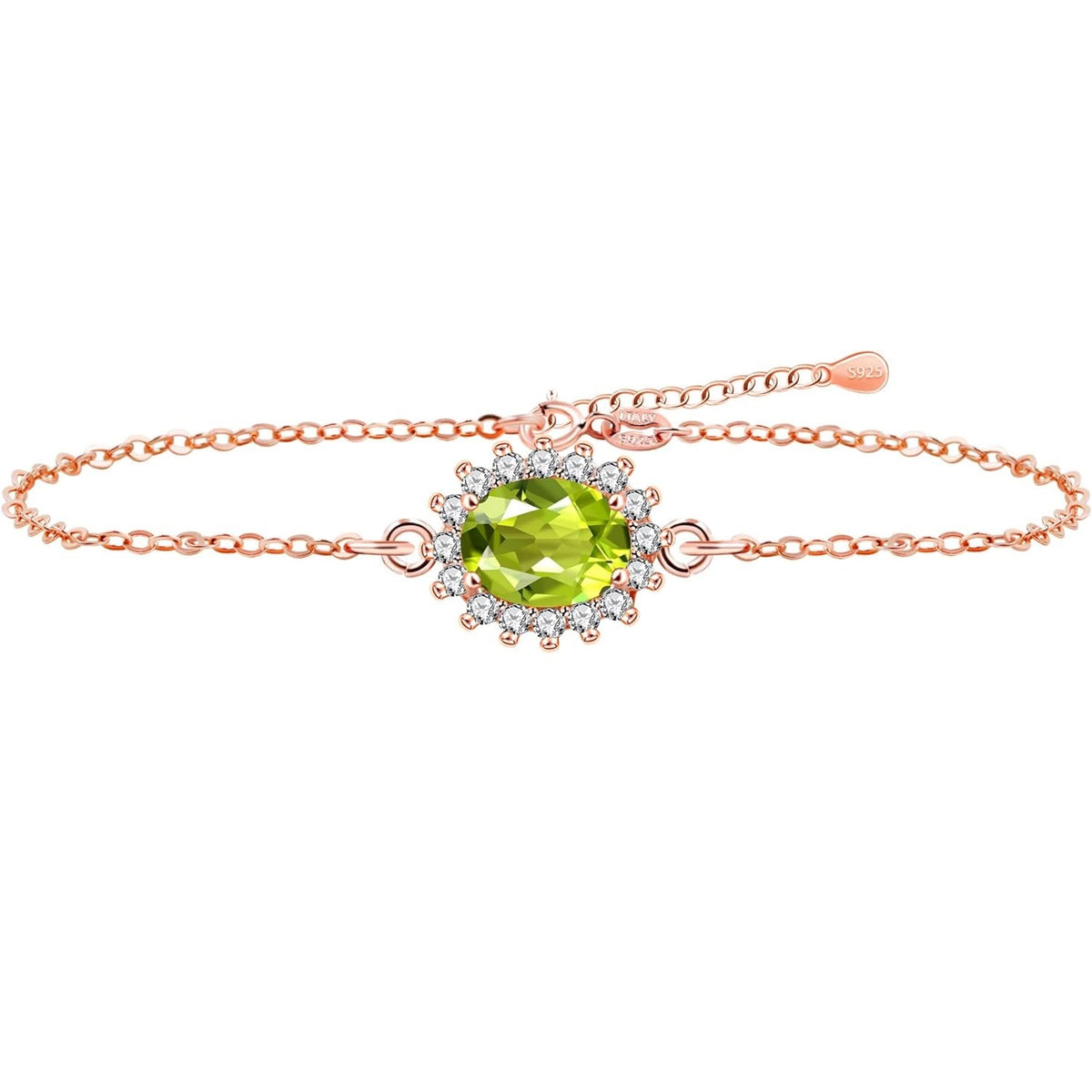 Uloveido 925 Sterling Silver Birthstone Bracelets for Women, Peridot Gemstone Dainty Charm Link Bracelet Birthday Jewelry Christmas Anniversary Gifts for Her Girls Mom Wife