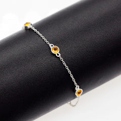 Uloveido 4mm Round Citrine 925 Sterling Silver Metal Link Chain Bracelet for Women with Yellow Crystals FB045