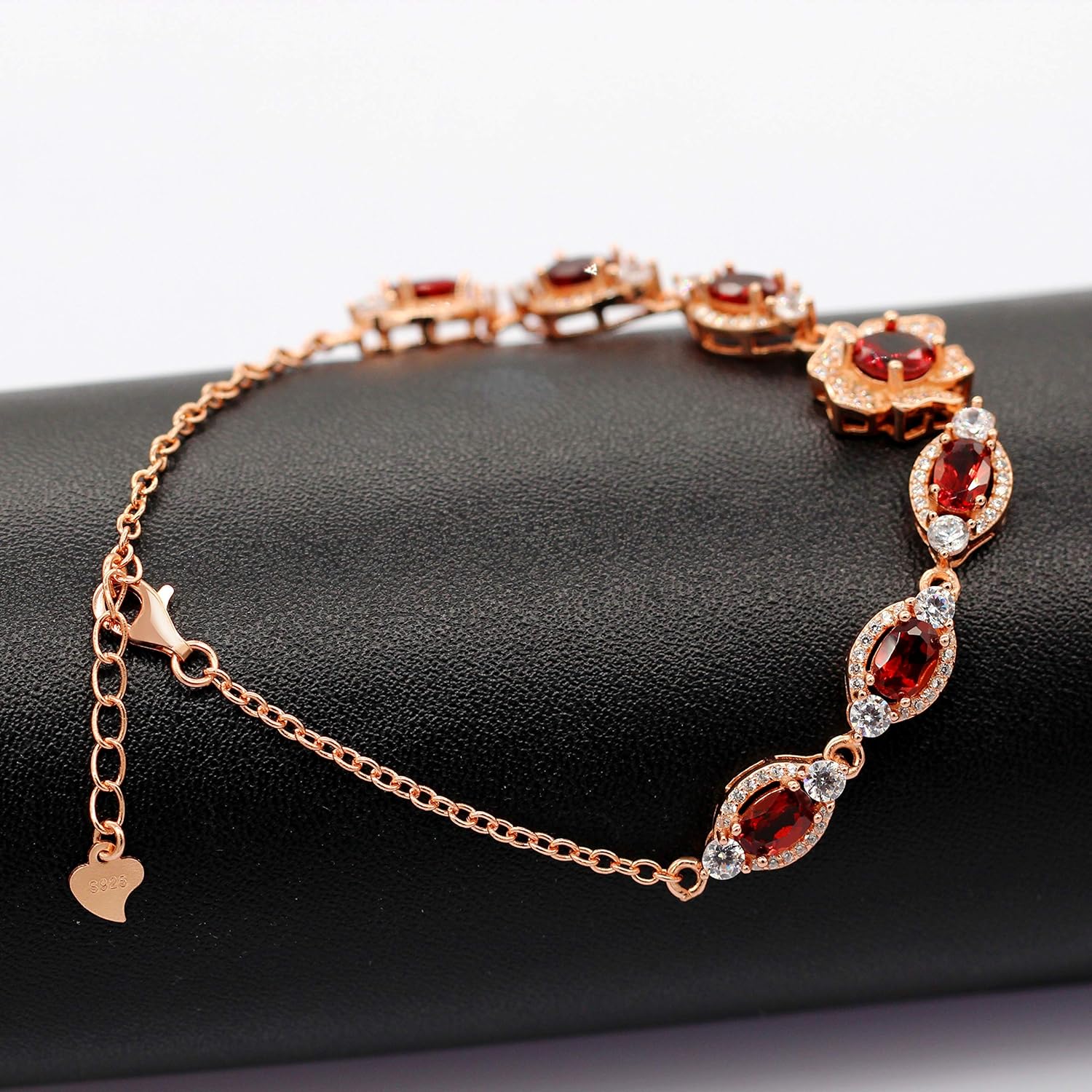 Uloveido Dainty 7 Stone Natural Red Garnet Bracelet Flower Design Rose Gold Plated 925 Sterling Silver Chain Bracelet January Birthstone Bracelet Gifts Idea for Women Girlfriend Mom FB063