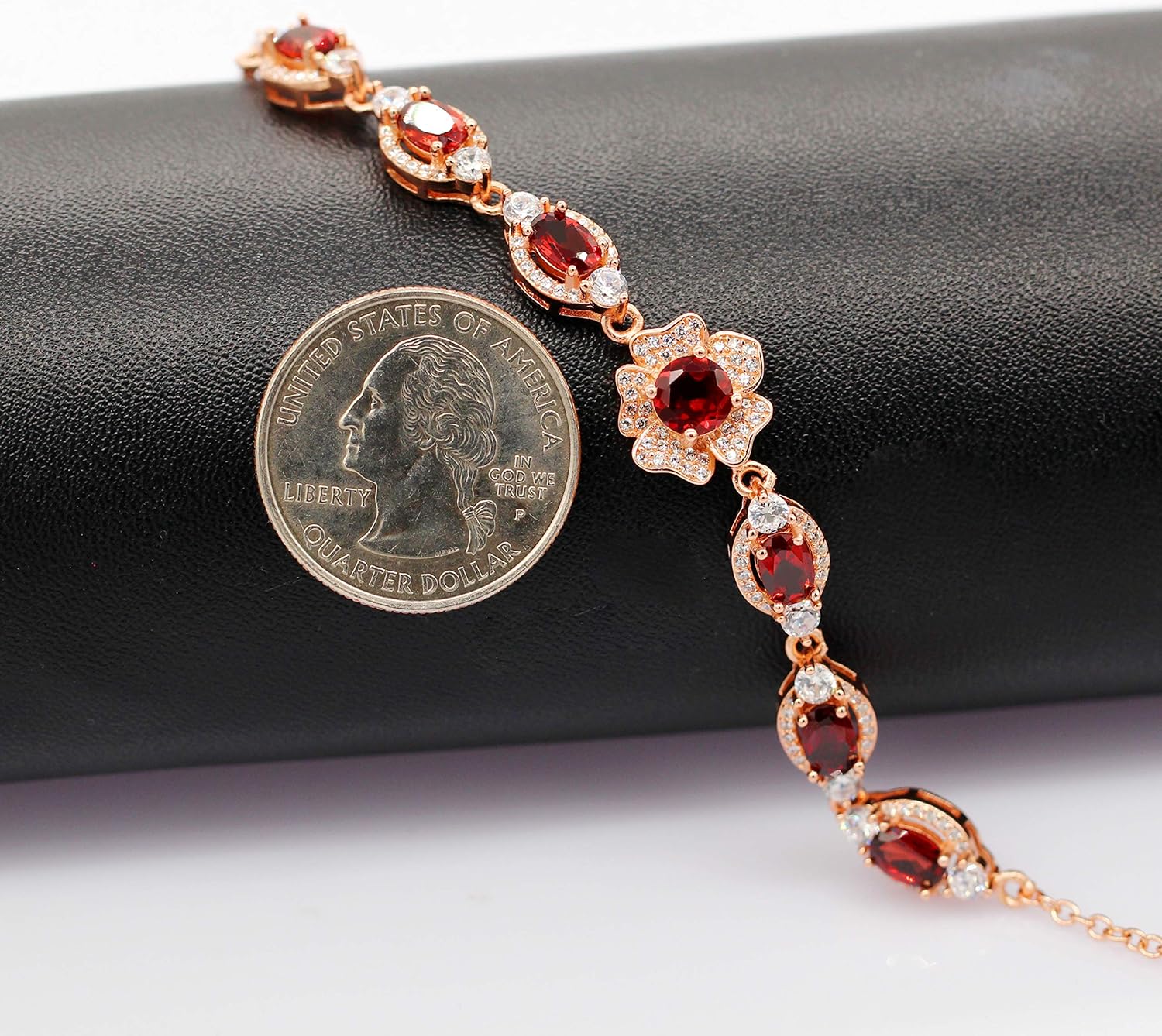 Uloveido Dainty 7 Stone Natural Red Garnet Bracelet Flower Design Rose Gold Plated 925 Sterling Silver Chain Bracelet January Birthstone Bracelet Gifts Idea for Women Girlfriend Mom FB063