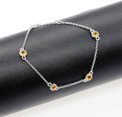 Uloveido 4mm Round Citrine 925 Sterling Silver Metal Link Chain Bracelet for Women with Yellow Crystals FB045