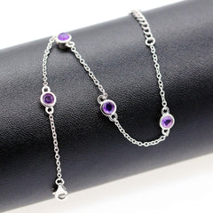 Uloveido Purple Crystal 4 Round Amethyst Stones Bangle Bracelet Sterling Silver for Girlfriend Women with Metal Chain FB045