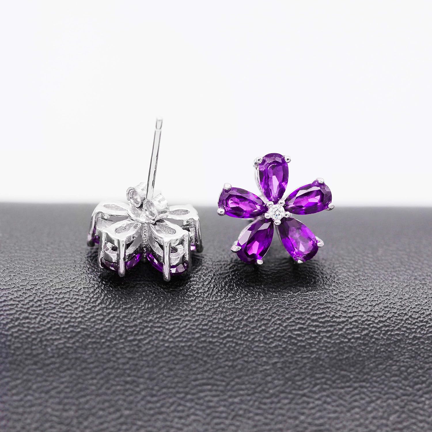 Uloveido Purple Amethyst Flower Studs Earrings for Women,925 Sterling Silver Purple Crystal Earrings Studs for Girls February Birthstone Gift CR003 (Purple)