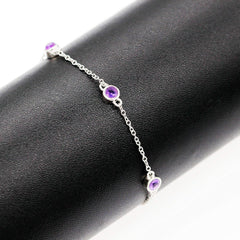 Uloveido Purple Crystal 4 Round Amethyst Stones Bangle Bracelet Sterling Silver for Girlfriend Women with Metal Chain FB045