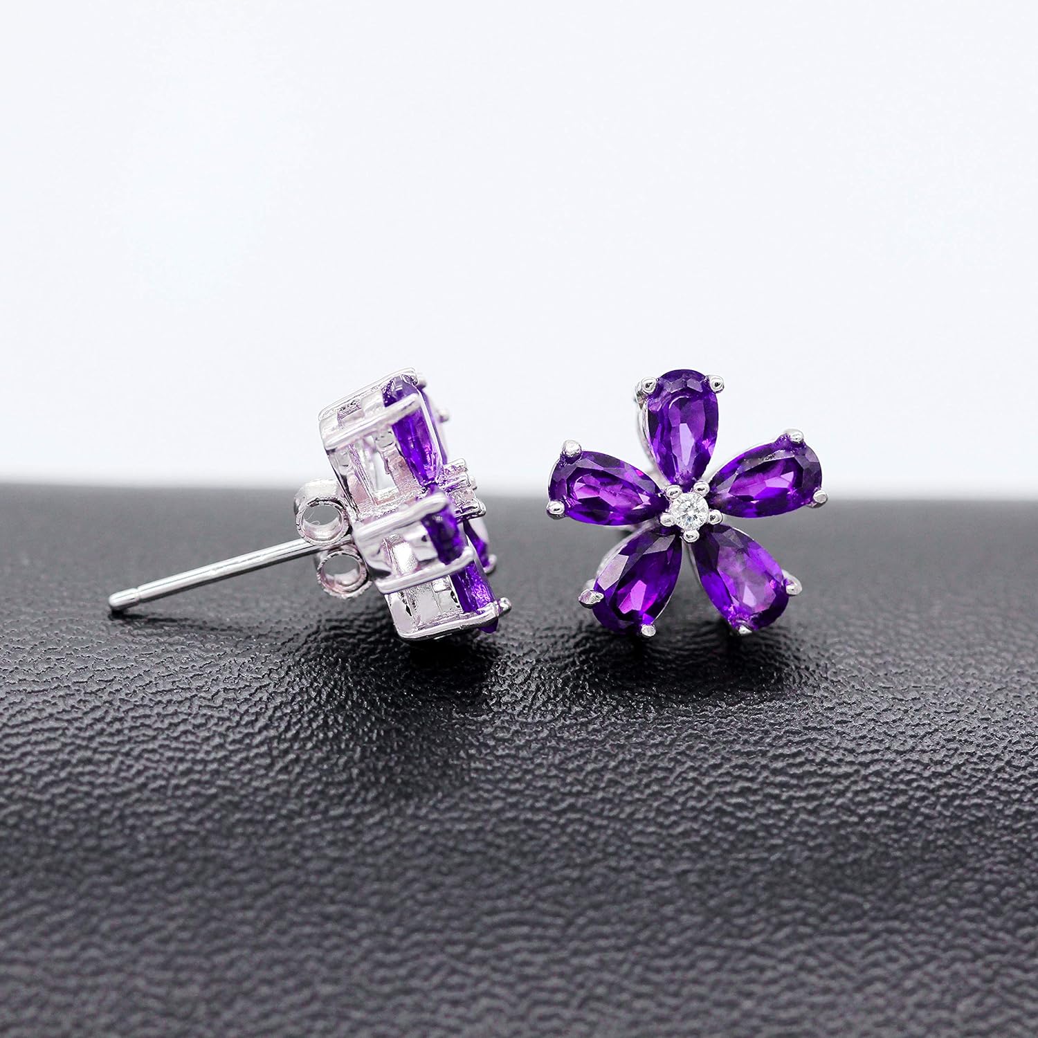 Uloveido Purple Amethyst Flower Studs Earrings for Women,925 Sterling Silver Purple Crystal Earrings Studs for Girls February Birthstone Gift CR003 (Purple)